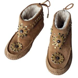 Rare Tory Burch Zuzu Beaded Brown Suede Shearling Lined Moccasins
